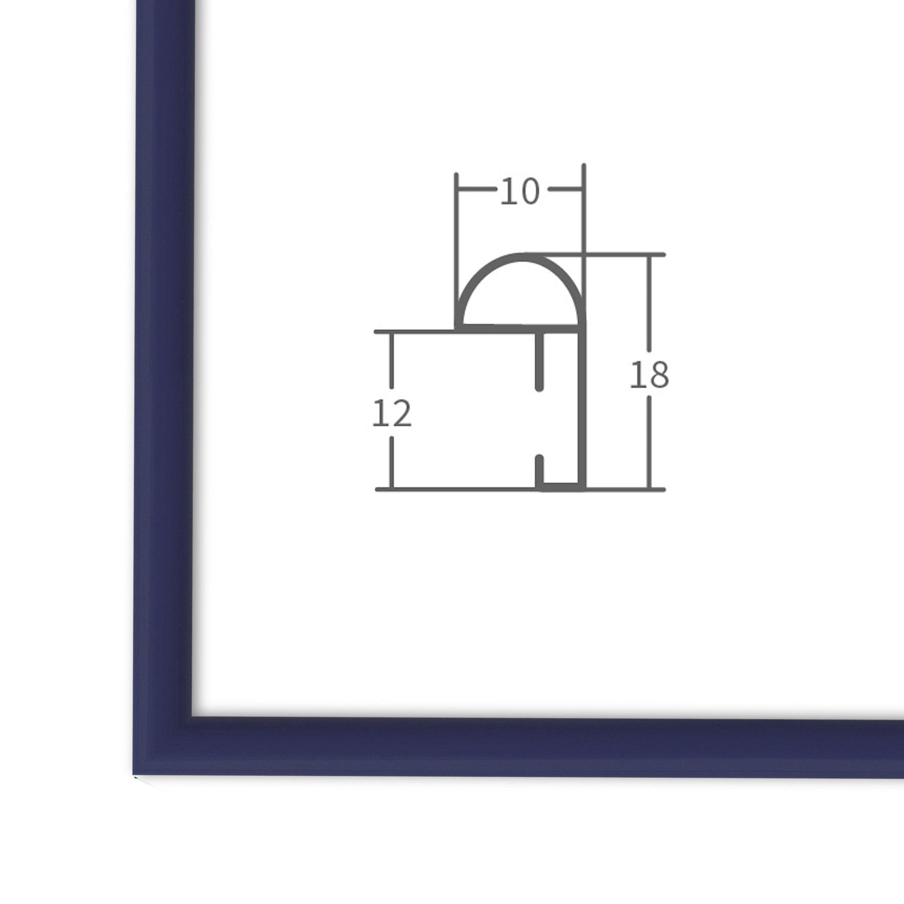 Technische Profilansicht eines blauen Bilderrahmens mit klarer Darstellung der Rahmenmaße für präzise Auswahl.