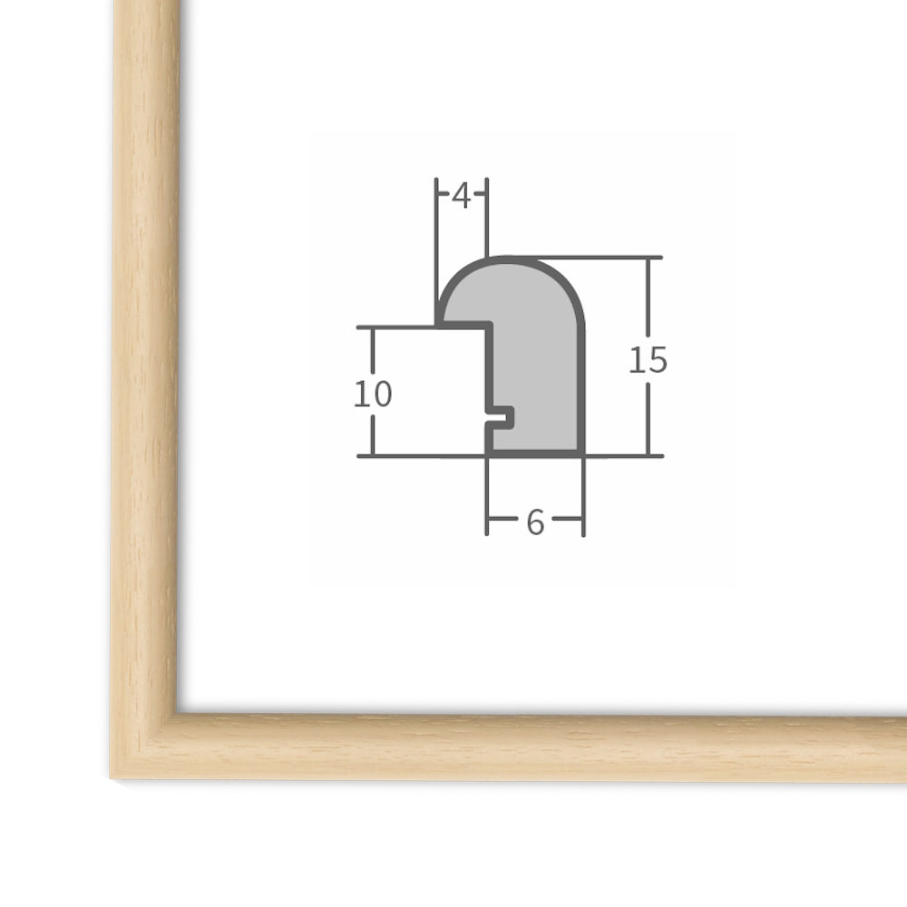 Die Ecke des Bilderrahmens in Naturton zeigt die Maserung und in der Bildmitte in der Querschnitt des Rahmens dargestellt