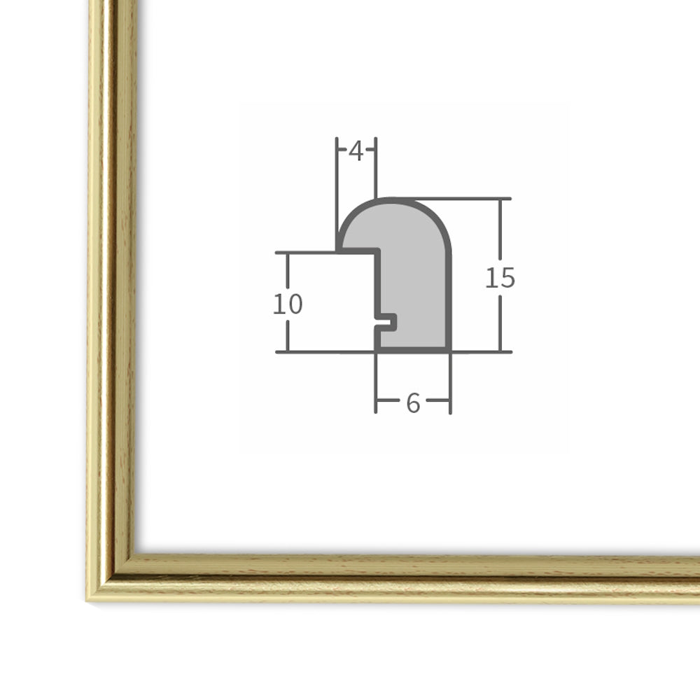 Die Ecke des Bilderrahmens in Gold zeigt die Maserung und in der Bildmitte in der Querschnitt des Rahmens dargestellt