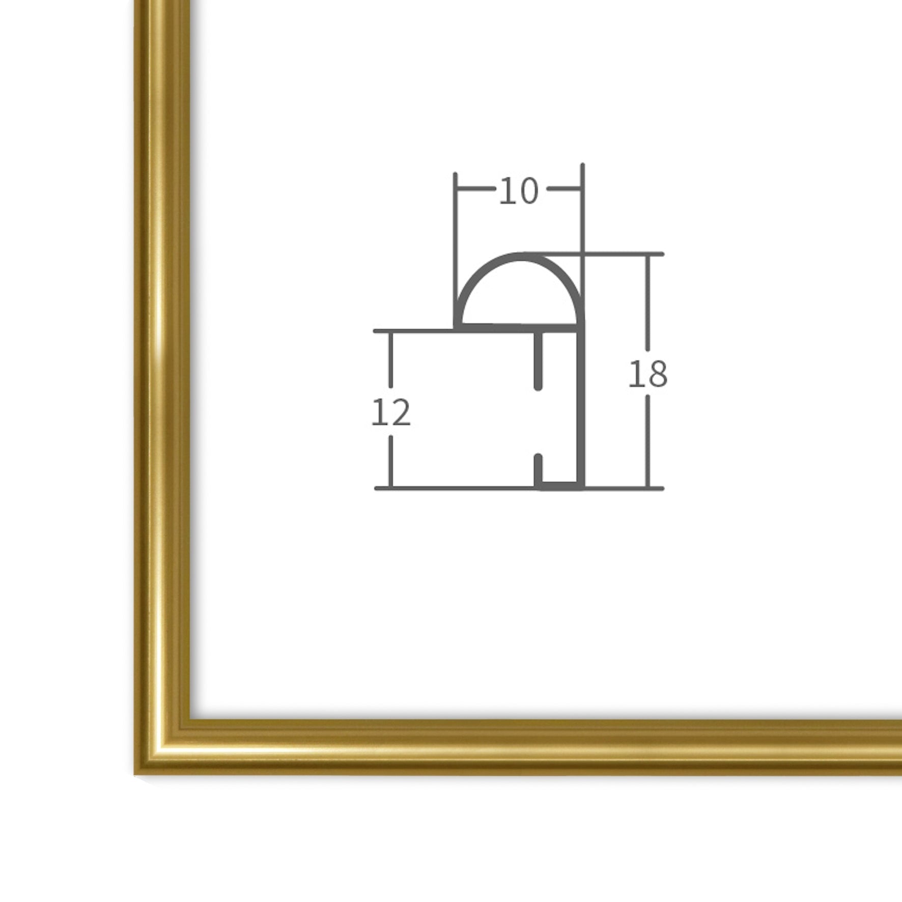 Technische Profilansicht eines goldenen Bilderrahmens mit klarer Darstellung der Rahmenmaße für präzise Auswahl.