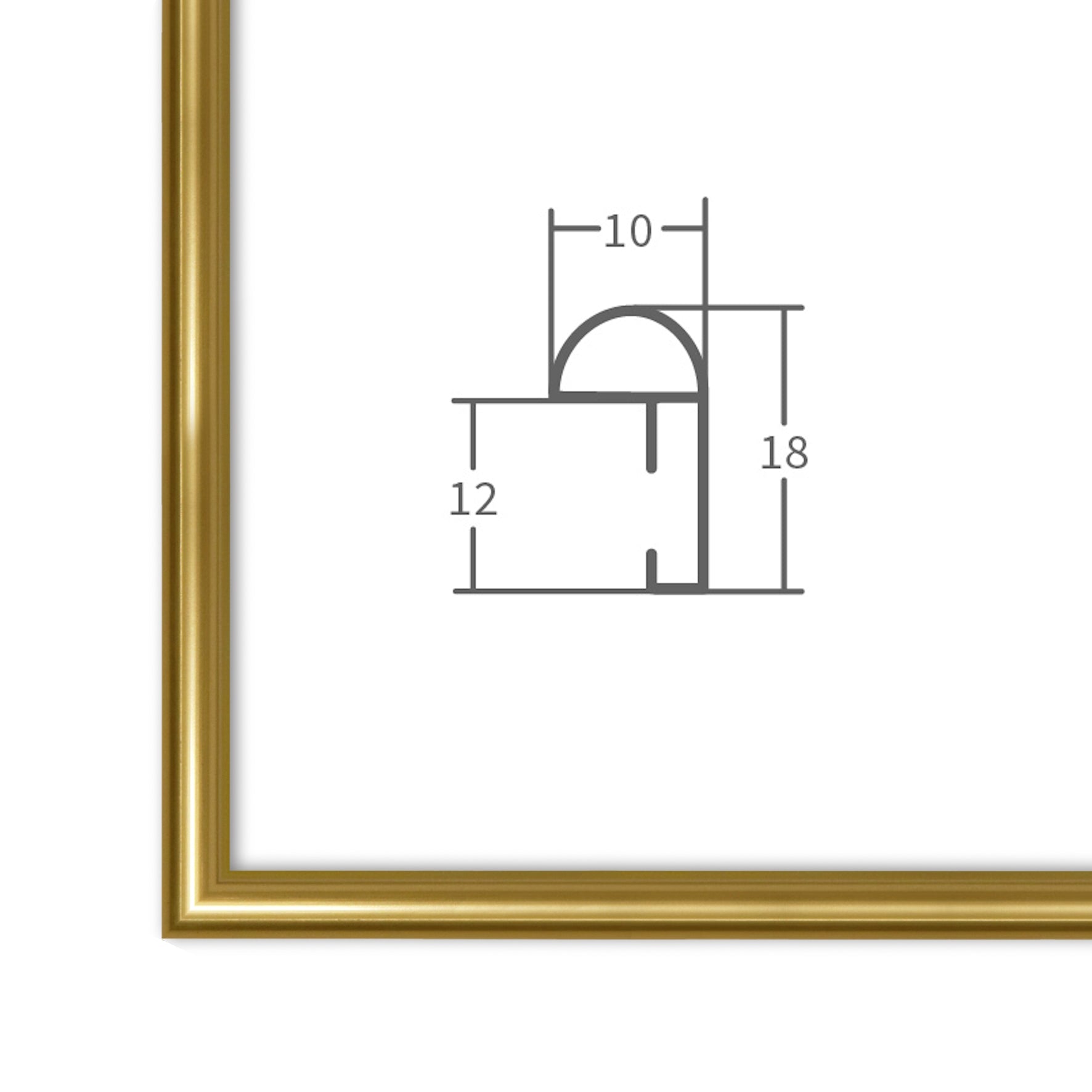 Technische Profilansicht eines goldenen Bilderrahmens mit klarer Darstellung der Rahmenmaße für präzise Auswahl.