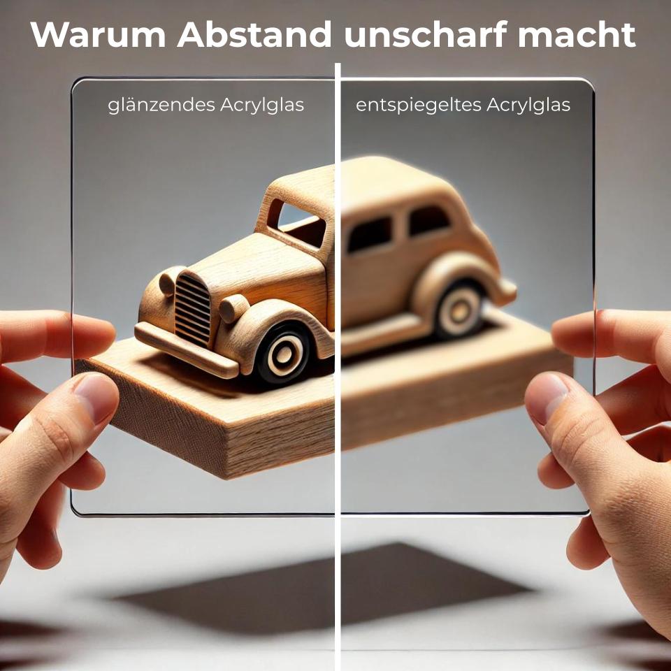Vergleich von glänzendem und entspiegeltem Acrylglas – scharf vs. unscharf durch Abstand, veranschaulicht mit Holzmodellauto.
