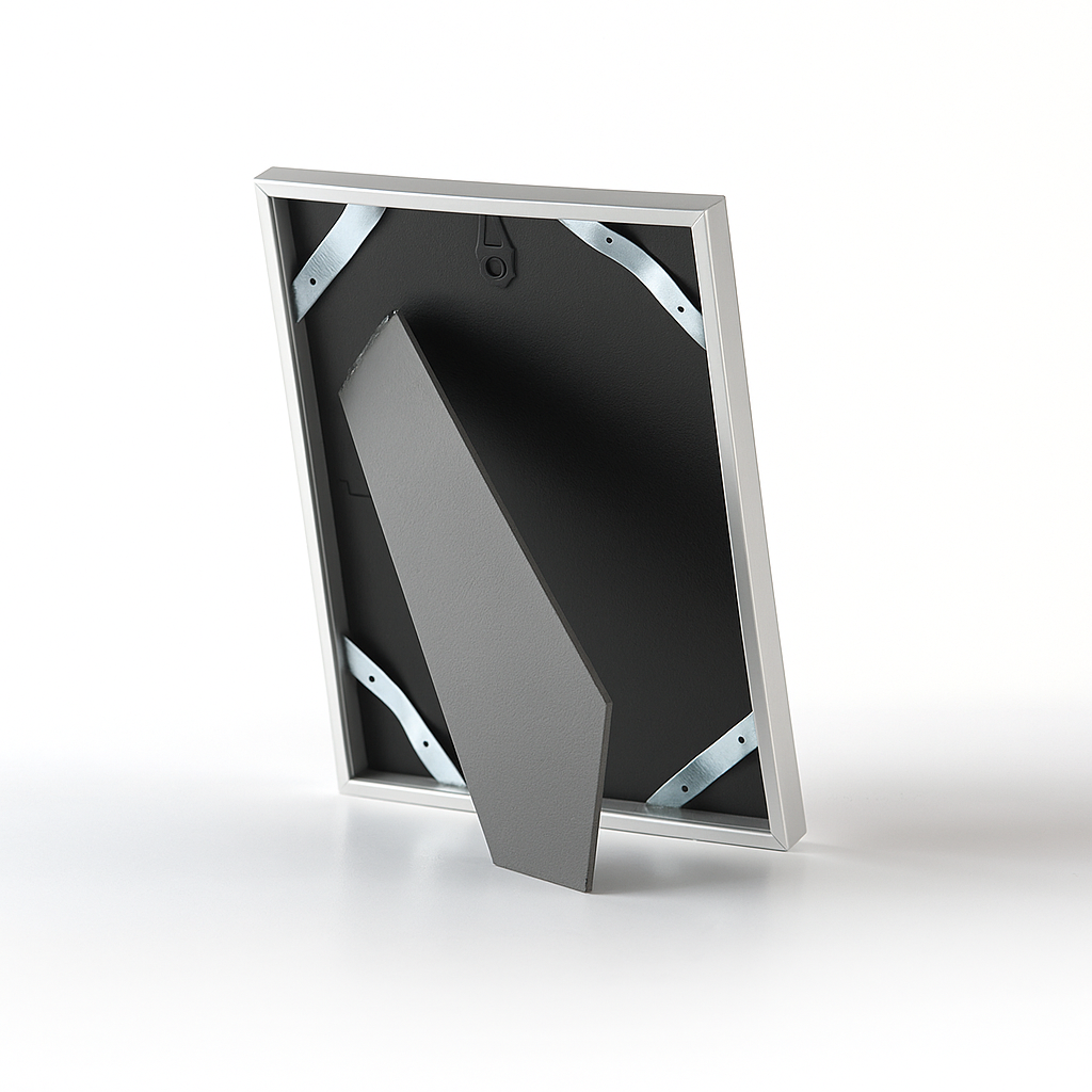 Rückseite eines modernen Bilderrahmens mit stabilem Aufsteller und Aufhänger, ideal für Tisch- oder Wandpräsentation.