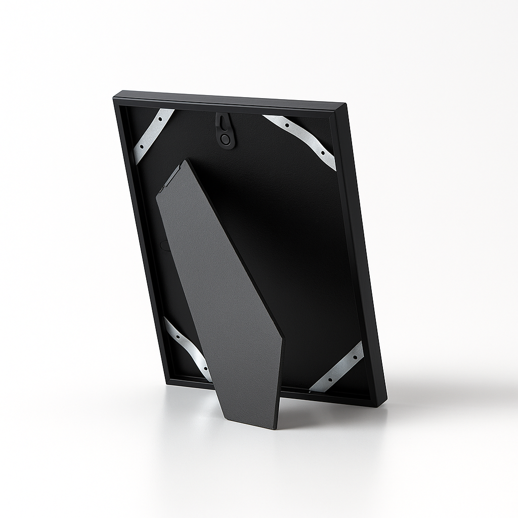 Rückseite eines modernen Bilderrahmens mit stabilem Aufsteller und Aufhänger, ideal für Tisch- oder Wandpräsentation.