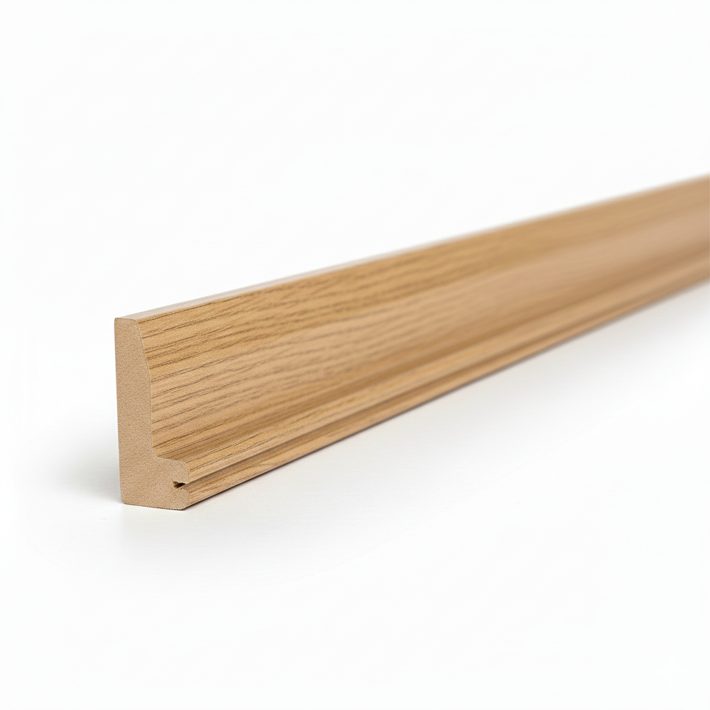Schattenfugenrahmen-Profil aus MDF mit Eiche Natur-Dekorfolie, 45-Grad-Gehrungsschnitt mit sichtbarem Holzkern, fotorealistische Studioaufnahme auf weißem Hintergrund.