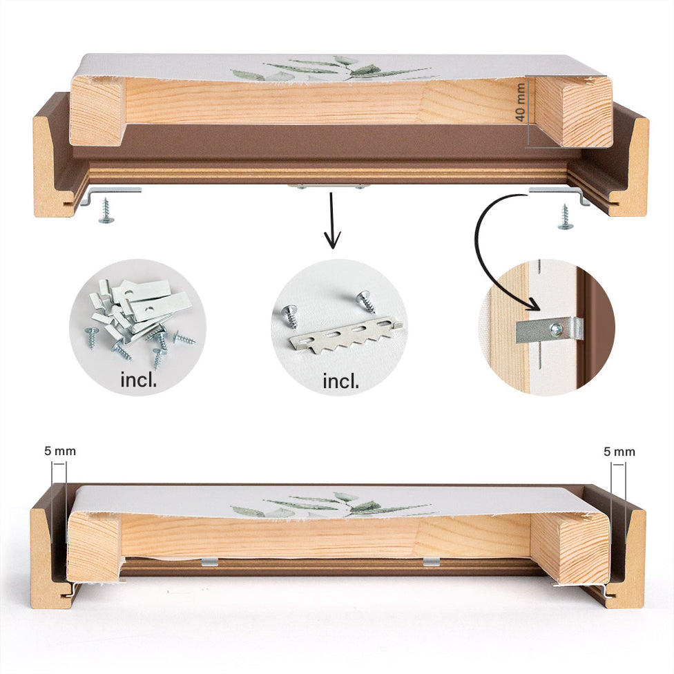 Der Schattenfugenrahmen im Querschnitt mit der 5 mm Schattenfuge und dem mitgelieferten Zubehör zur Befestigung einer Leinwand