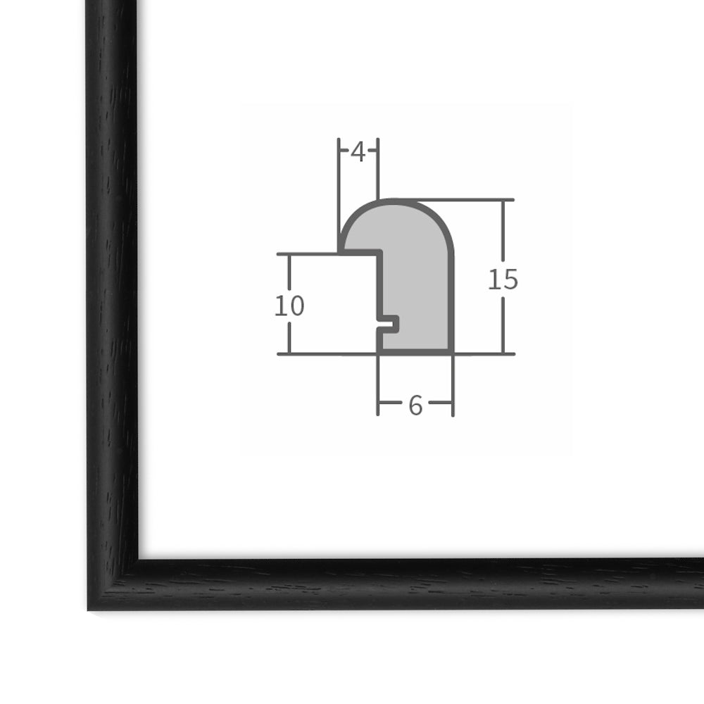 Die Ecke des Bilderrahmens in Schwarz zeigt die Maserung und in der Bildmitte in der Querschnitt des Rahmens dargestellt