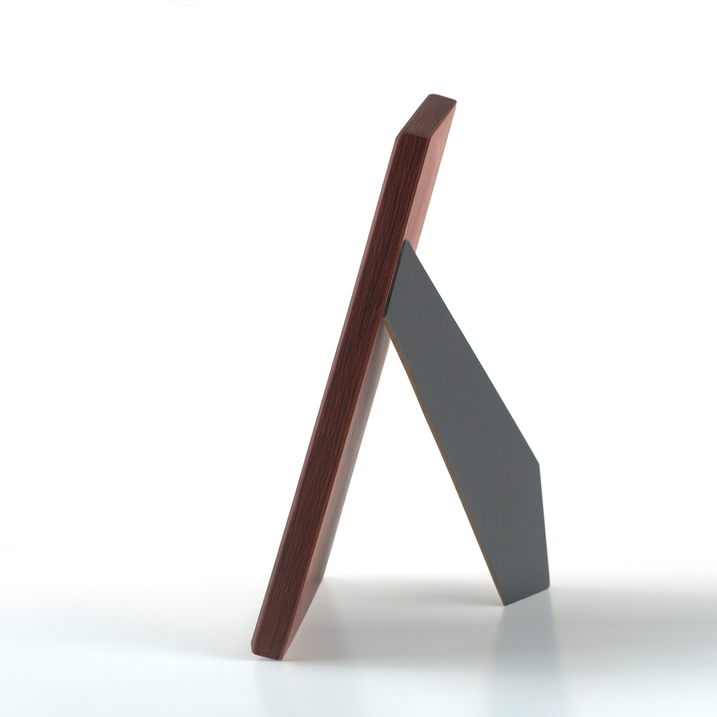 Mahagoni Holzrahmen mit Glas von der Seite mit Standfuß – hochwertiger Design Bilderrahmen in modernem Stil für kreative Wohnräume