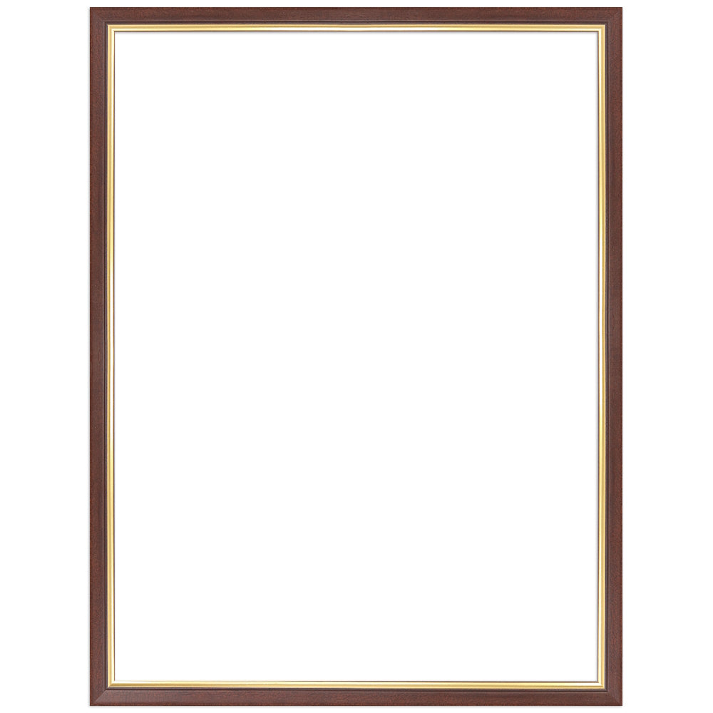 Frontansicht brauner Bilderrahmen mit goldener Innenkante – stilvolles Rahmendesign für Fotos und Kunst