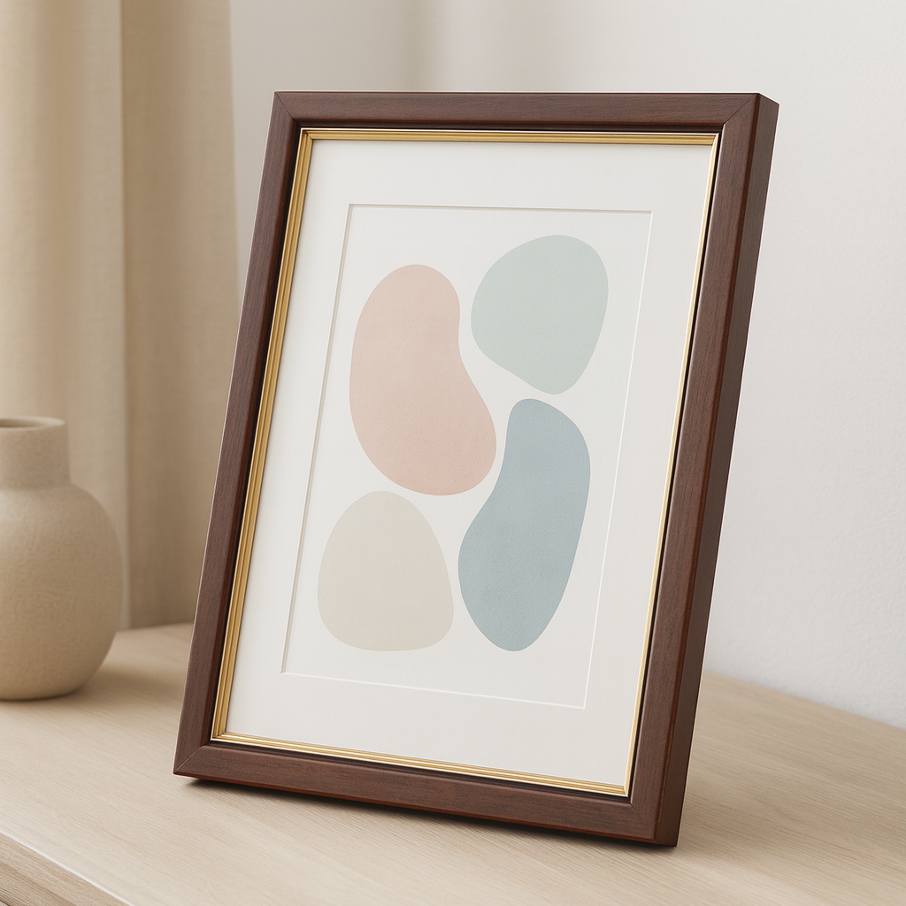 Brauner Bilderrahmen mit goldener Zierleiste – hochwertige Studioansicht mit minimalistischem Design