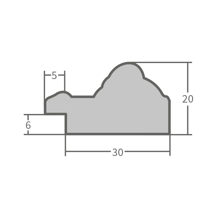 Technische Zeichnung des Rahmenprofils mit Maßangaben für Breite, Höhe und Falztiefe eines dekorativen Bilderrahmens.