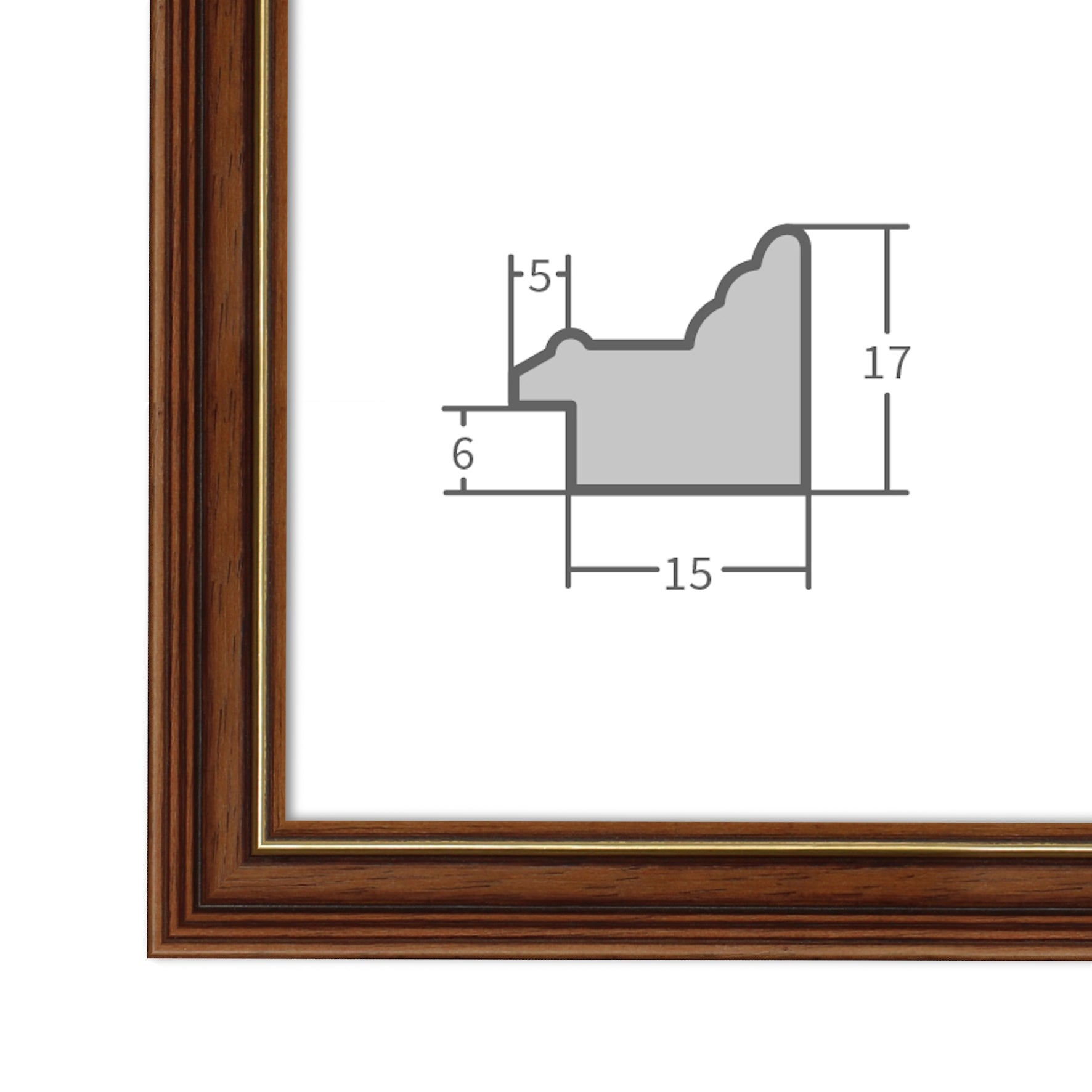 Klassischer Holzrahmen in Nussbaumoptik mit eleganter Profilzeichnung – ideal für hochwertige Wandbilder und traditionelle Einrichtung.