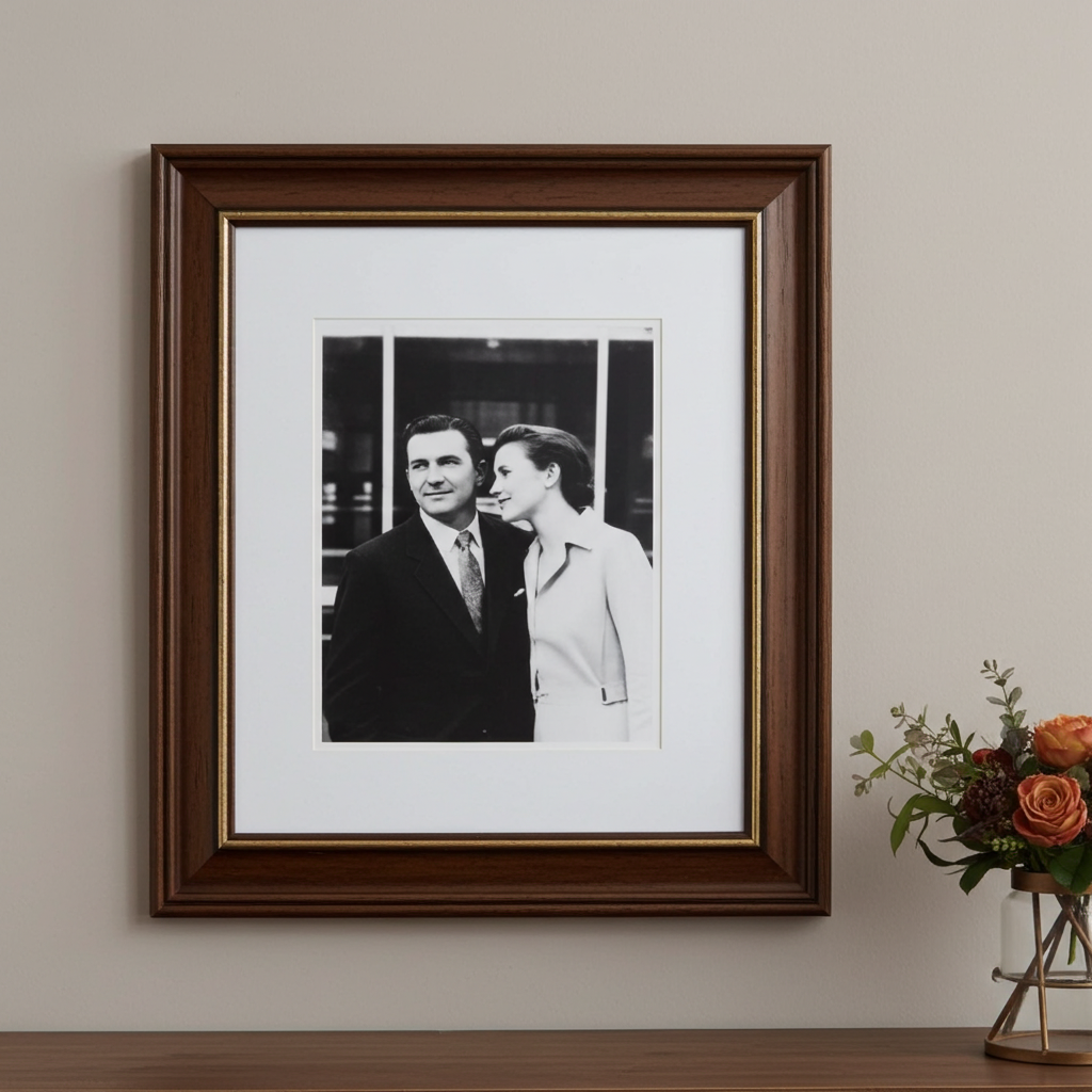 Eleganter brauner Holzrahmen mit goldener Akzentkante und Passepartout – ideal für stilvolle Portraits und klassische Einrichtung.