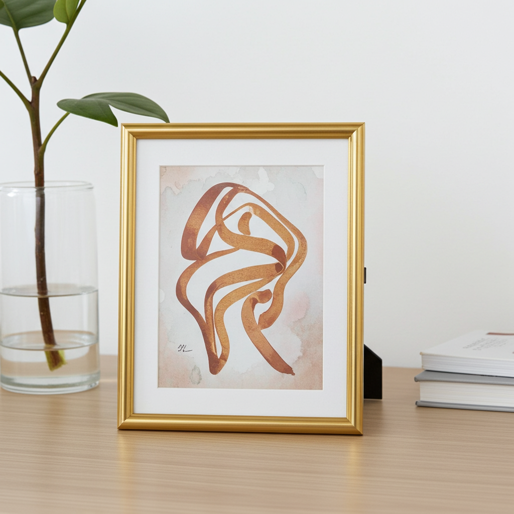 Goldener Bilderrahmen im modernen Design mit Passepartout, dekorativ auf Tisch platziert – ideal für stilvolle Wohnakzente.