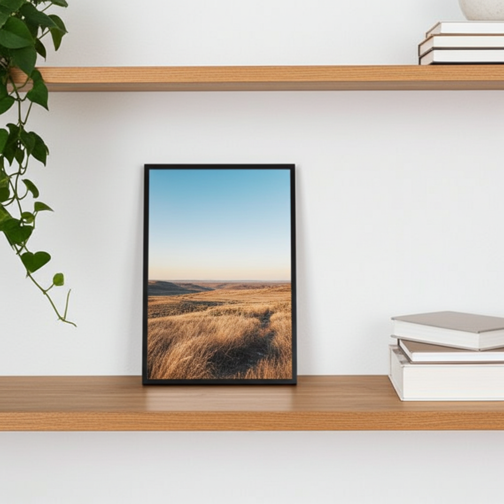 Schwarzer, moderner Bilderrahmen auf Holzregal mit Landschaftsfoto – minimalistisches Wohnaccessoire für stilvolle Dekoration.