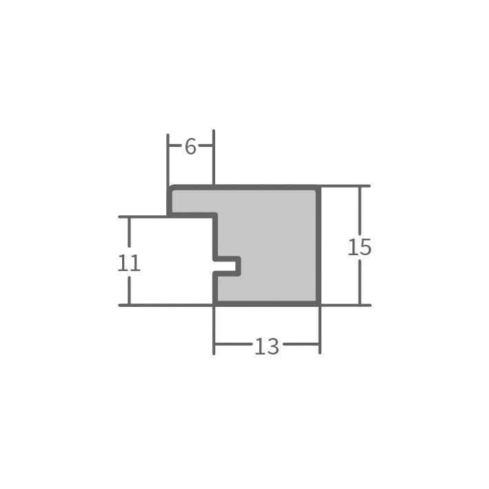 Technische Profilzeichnung eines Bilderrahmens mit Maßangaben – Profilschnitt mit 15 mm Höhe und 19 mm Breite für Holzrahmen.