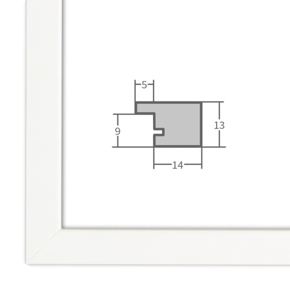 Bilderrahmen in Weiß mit Profilansicht und technischen Maßangaben – hochwertiger Rahmen für Poster, Fotos und Kunstdrucke.