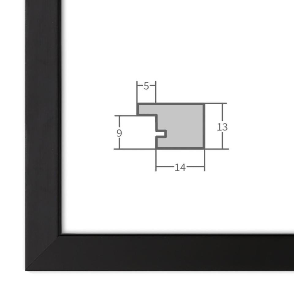 Bilderrahmen in Schwarz mit Profilansicht und technischen Maßangaben – hochwertiger Rahmen für Poster, Fotos und Kunstdrucke.