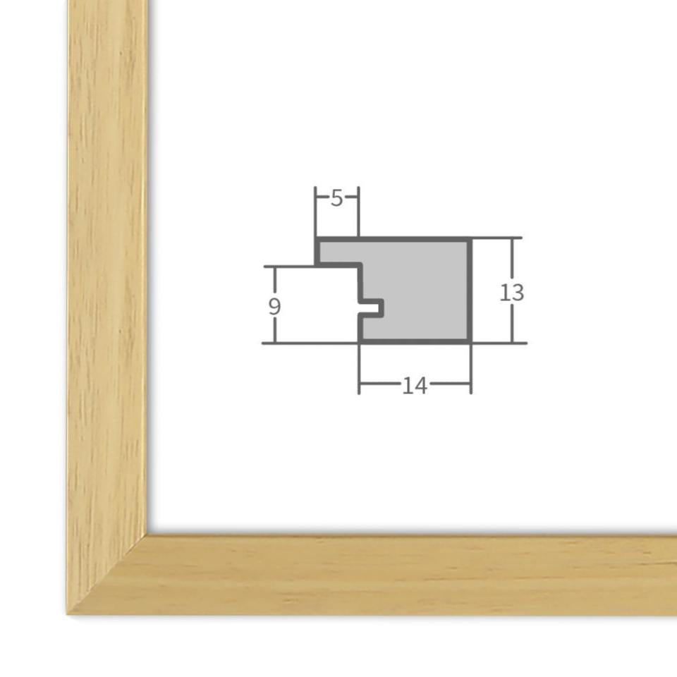 Bilderrahmen in Natur mit Profilansicht und technischen Maßangaben – hochwertiger Rahmen für Poster, Fotos und Kunstdrucke.