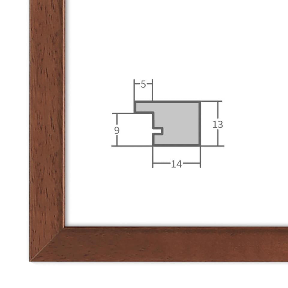 Bilderrahmen in Kirschbaum mit Profilansicht und technischen Maßangaben – hochwertiger Rahmen für Poster, Fotos und Kunstdrucke.