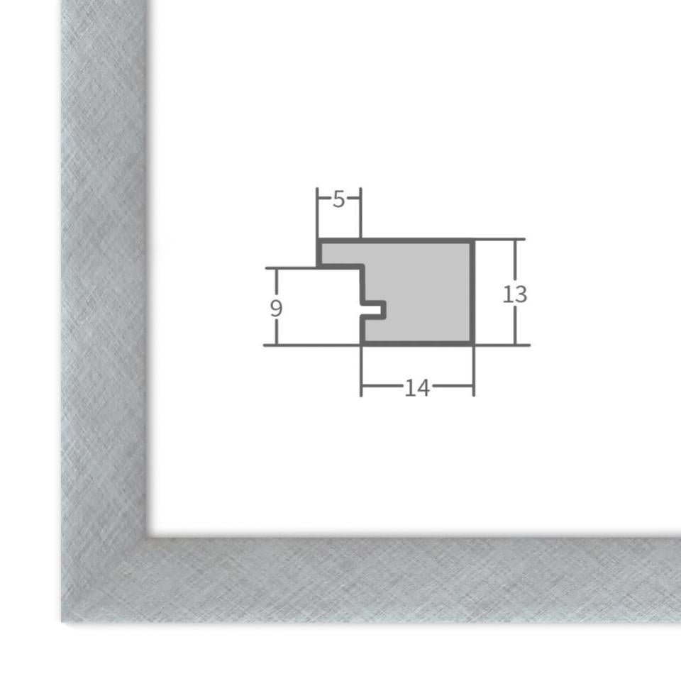 Bilderrahmen in Silber mit Profilansicht und technischen Maßangaben – hochwertiger Rahmen für Poster, Fotos und Kunstdrucke.