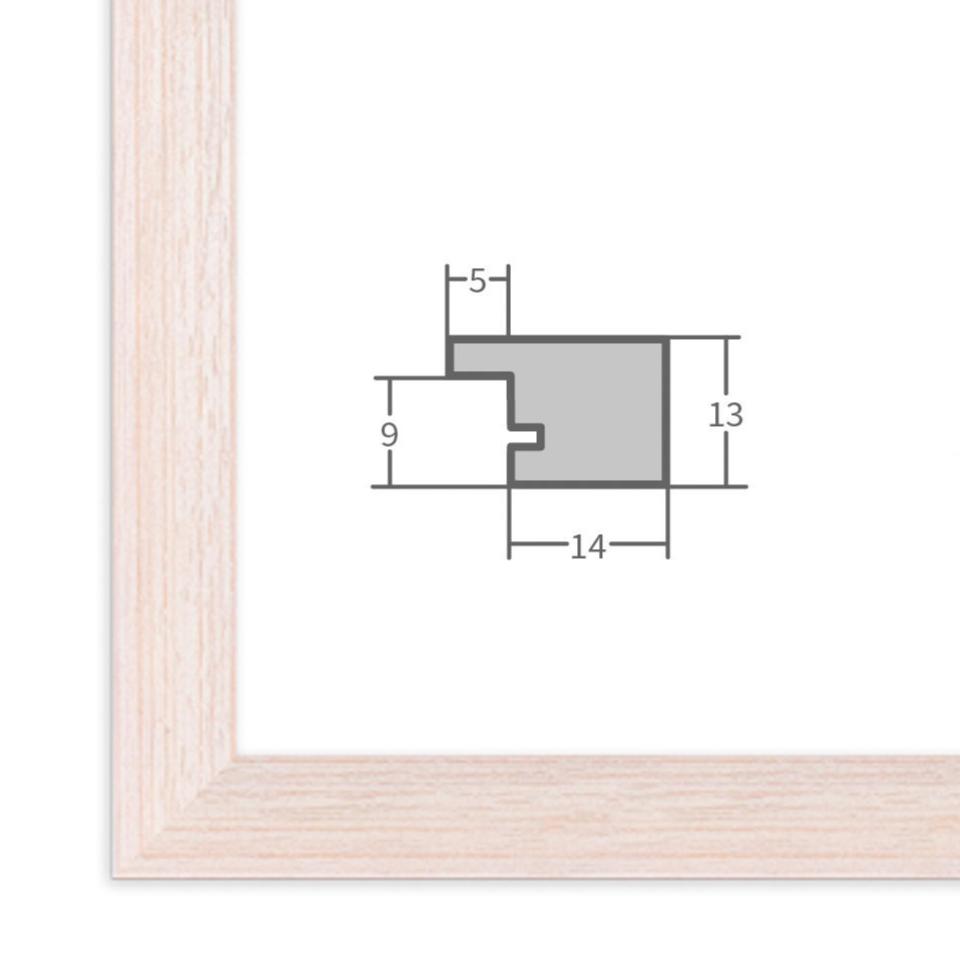 Bilderrahmen in Roteiche mit Profilansicht und technischen Maßangaben – hochwertiger Rahmen für Poster, Fotos und Kunstdrucke.