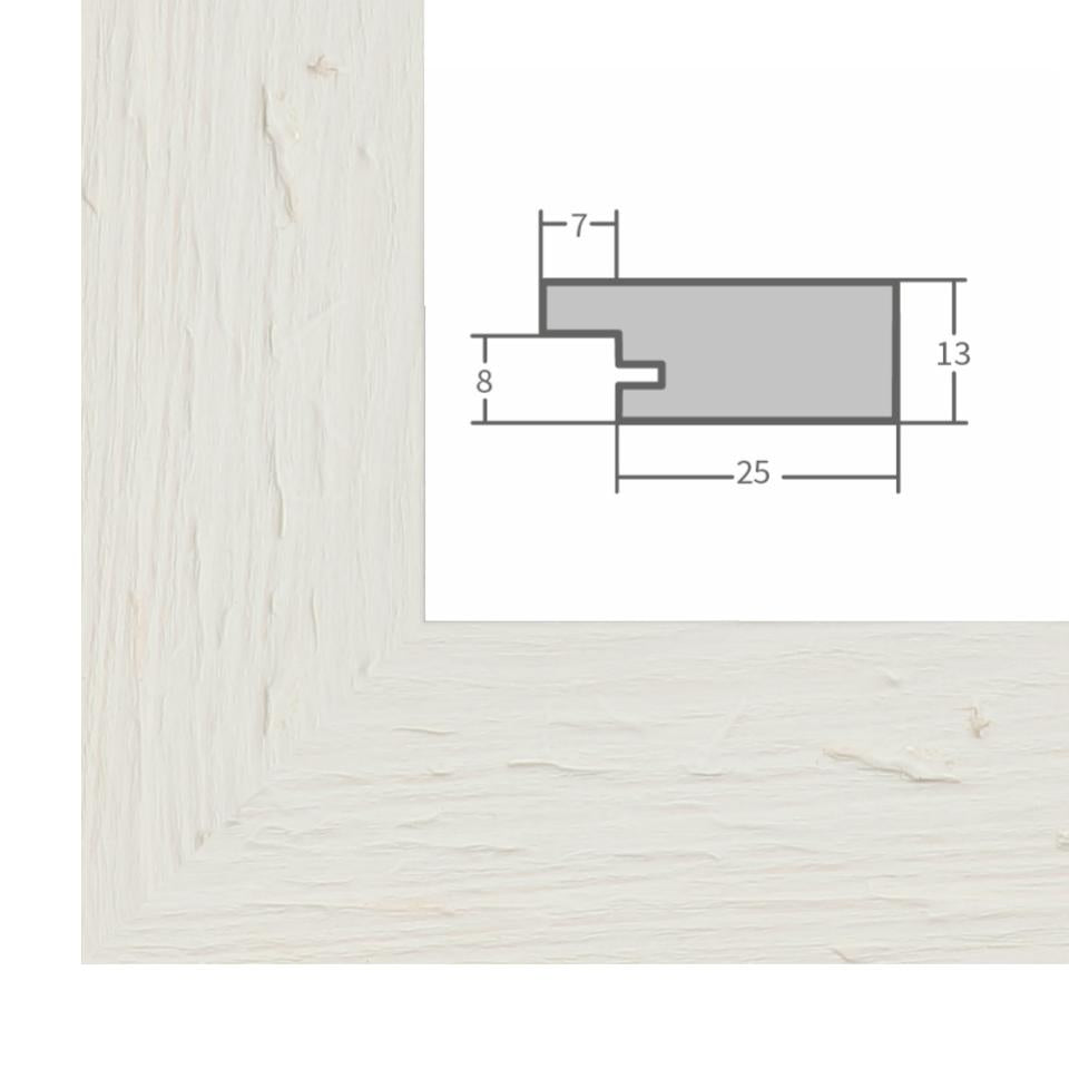 Holz Bilderrahmen Weiß mit Profilansicht und technischen Maßangaben – hochwertiger Rahmen für Poster, Fotos und Kunstdrucke.
