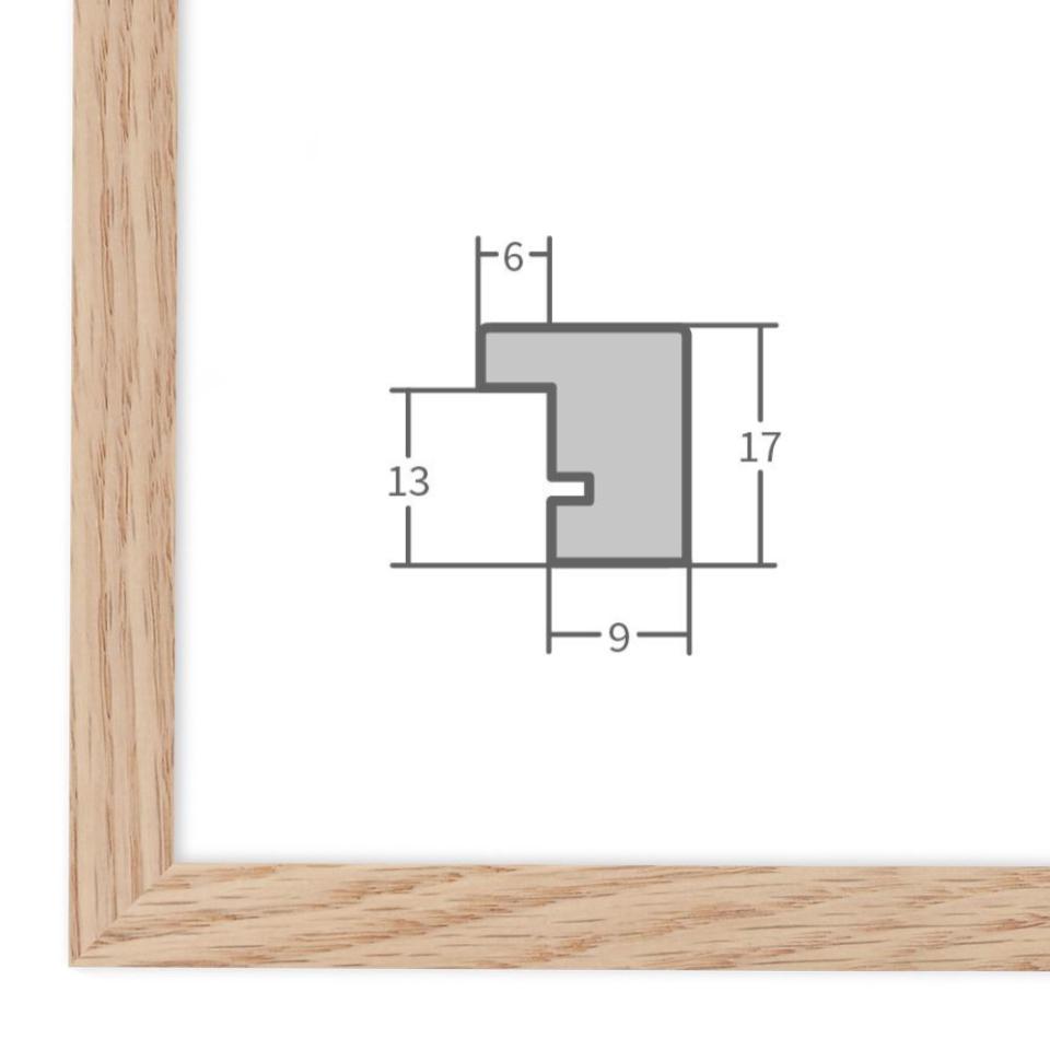 Holz Bilderrahmen Eiche mit Profilansicht und technischen Maßangaben – hochwertiger Rahmen für Poster, Fotos und Kunstdrucke.