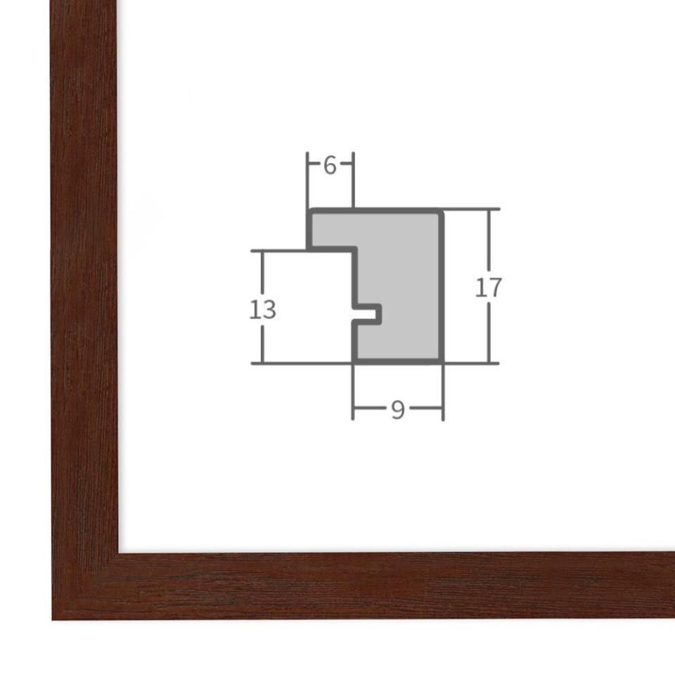 Holz Bilderrahmen Nussbaum mit Profilansicht und technischen Maßangaben – hochwertiger Rahmen für Poster, Fotos und Kunstdrucke.