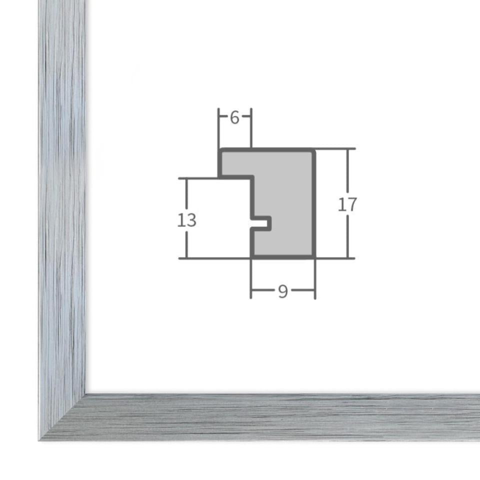 Holz Bilderrahmen Silber mit Profilansicht und technischen Maßangaben – hochwertiger Rahmen für Poster, Fotos und Kunstdrucke.