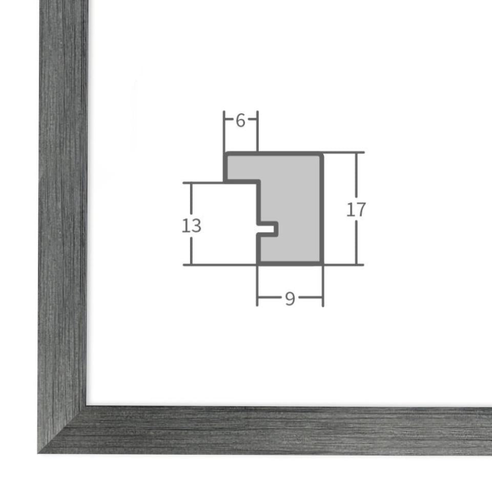 Holz Bilderrahmen Metall mit Profilansicht und technischen Maßangaben – hochwertiger Rahmen für Poster, Fotos und Kunstdrucke.
