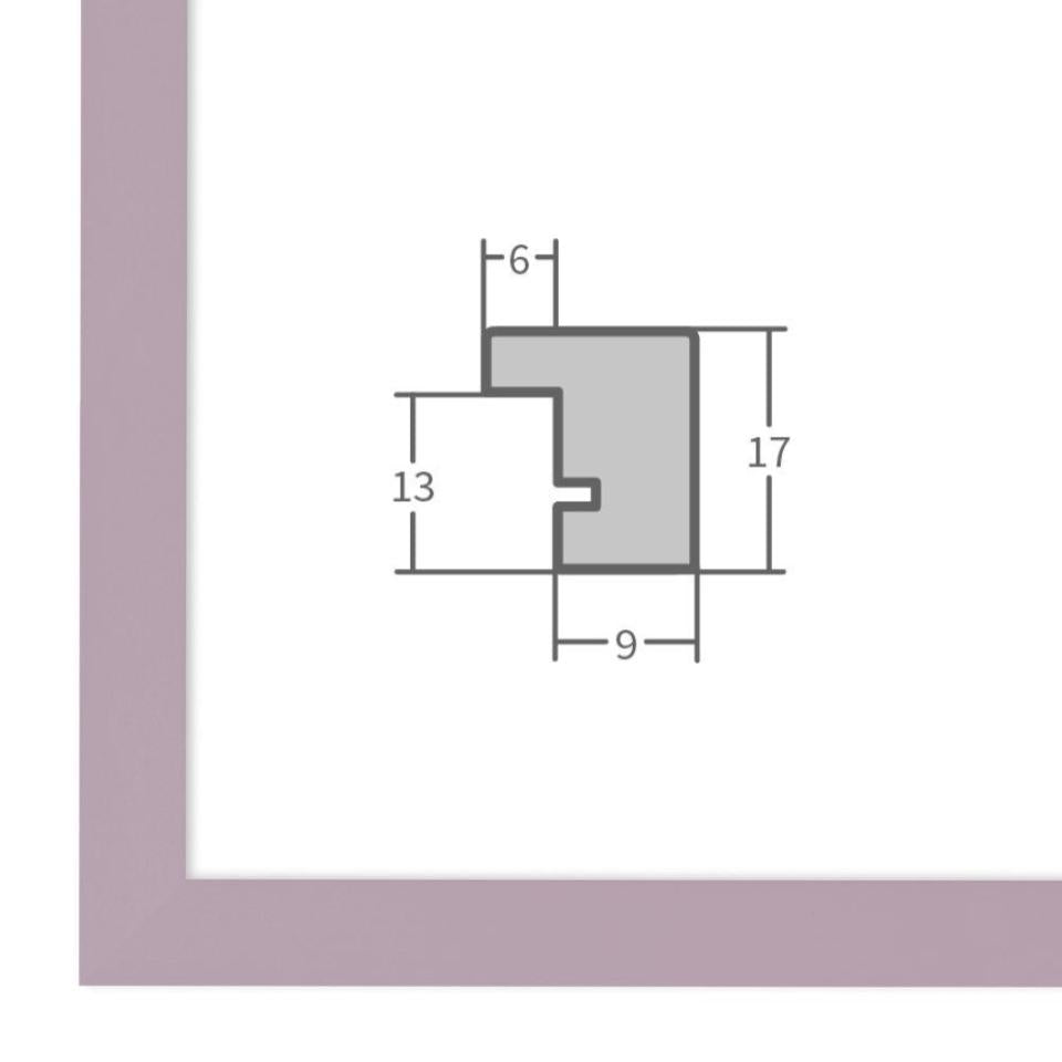 Holz Bilderrahmen Violett mit Profilansicht und technischen Maßangaben – hochwertiger Rahmen für Poster, Fotos und Kunstdrucke.