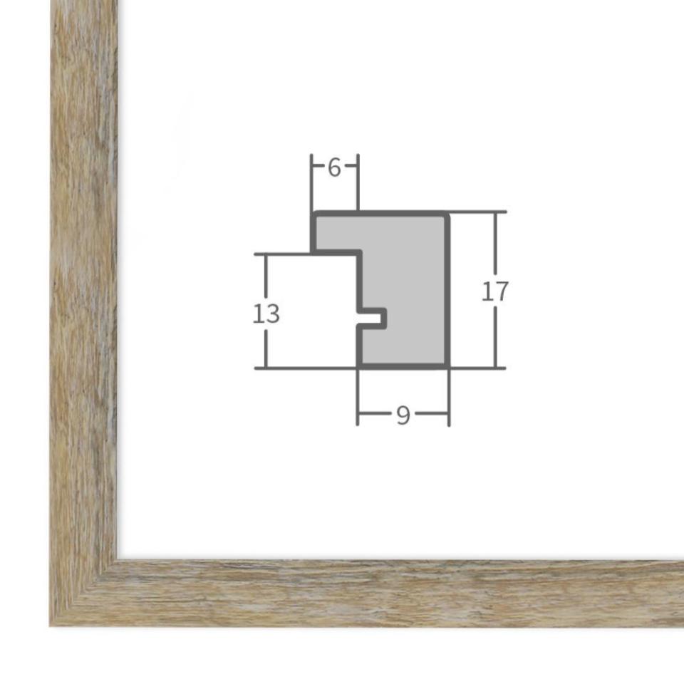 Holz Bilderrahmen Eiche Sonoma mit Profilansicht und technischen Maßangaben – hochwertiger Rahmen für Poster, Fotos und Kunstdrucke.