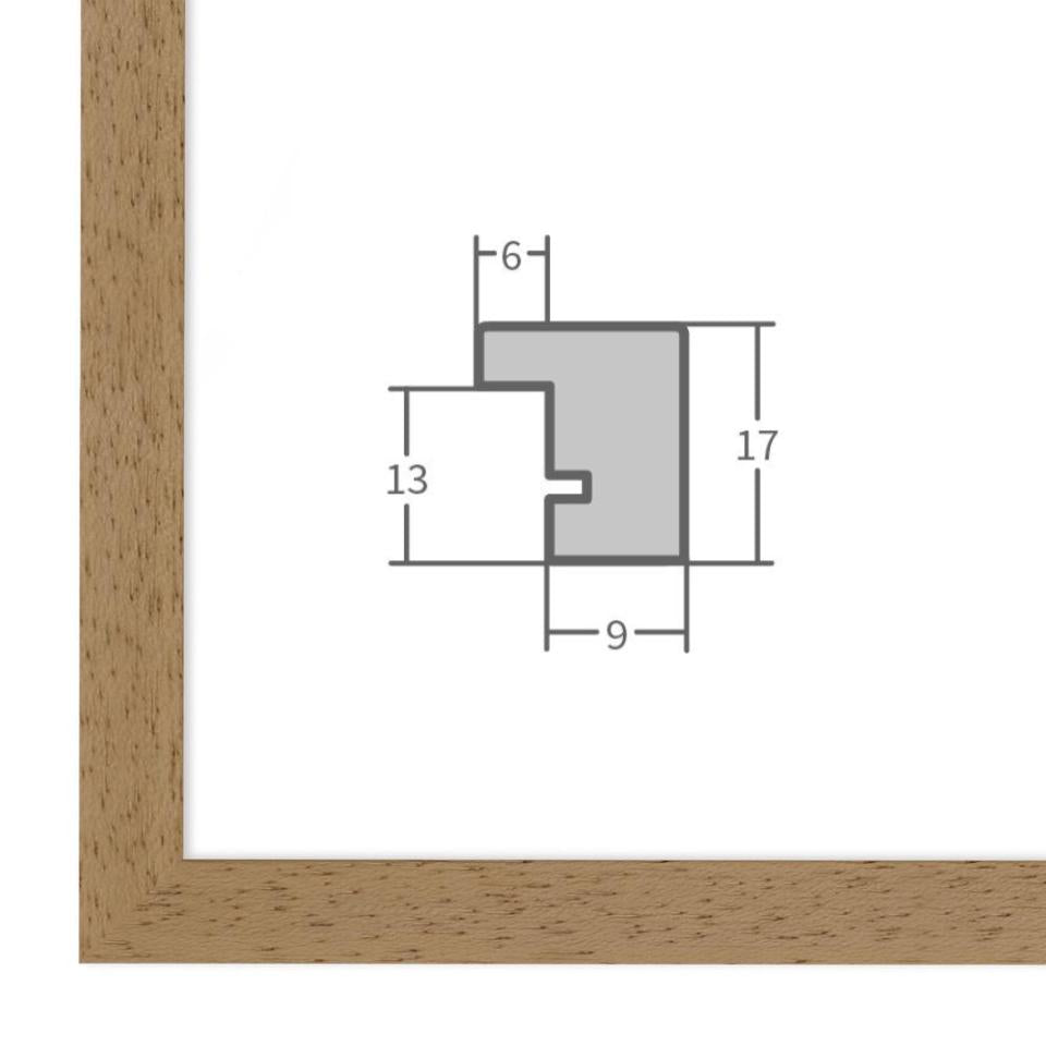 Holz Bilderrahmen Eicheoptik mit Profilansicht und technischen Maßangaben – hochwertiger Rahmen für Poster, Fotos und Kunstdrucke.