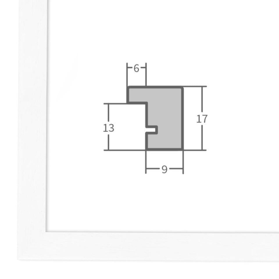 Holz Bilderrahmen Weiss, gemasert mit Profilansicht und technischen Maßangaben – hochwertiger Rahmen für Poster, Fotos und Kunstdrucke.