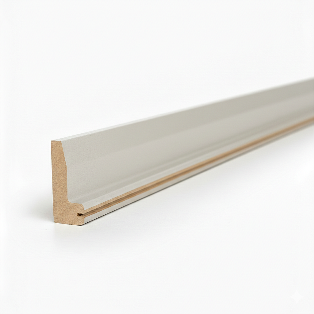 Schattenfugenrahmen-Profil aus MDF mit Hellgrau-Dekorfolie, 45-Grad-Gehrungsschnitt mit sichtbarem Holzkern, fotorealistische Studioaufnahme auf weißem Hintergrund.