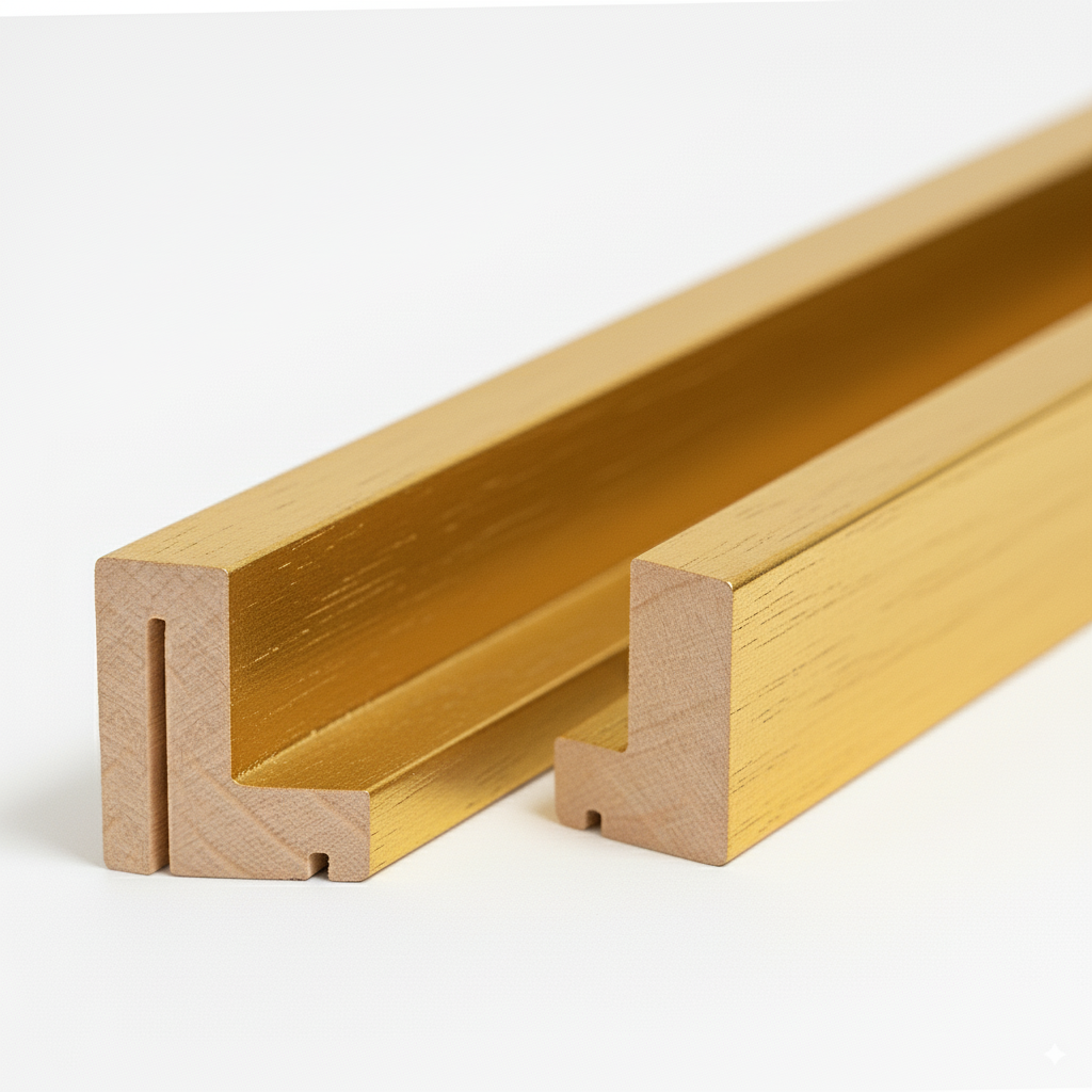 Schattenfugenrahmen aus Massivholz Abachi im Gehrungsschnitt, hochwertige Holzleisten mit durchgehender Nut, ideal für Keilrahmen und Leinwände – Produktfoto vor weißem Studiohintergrund.