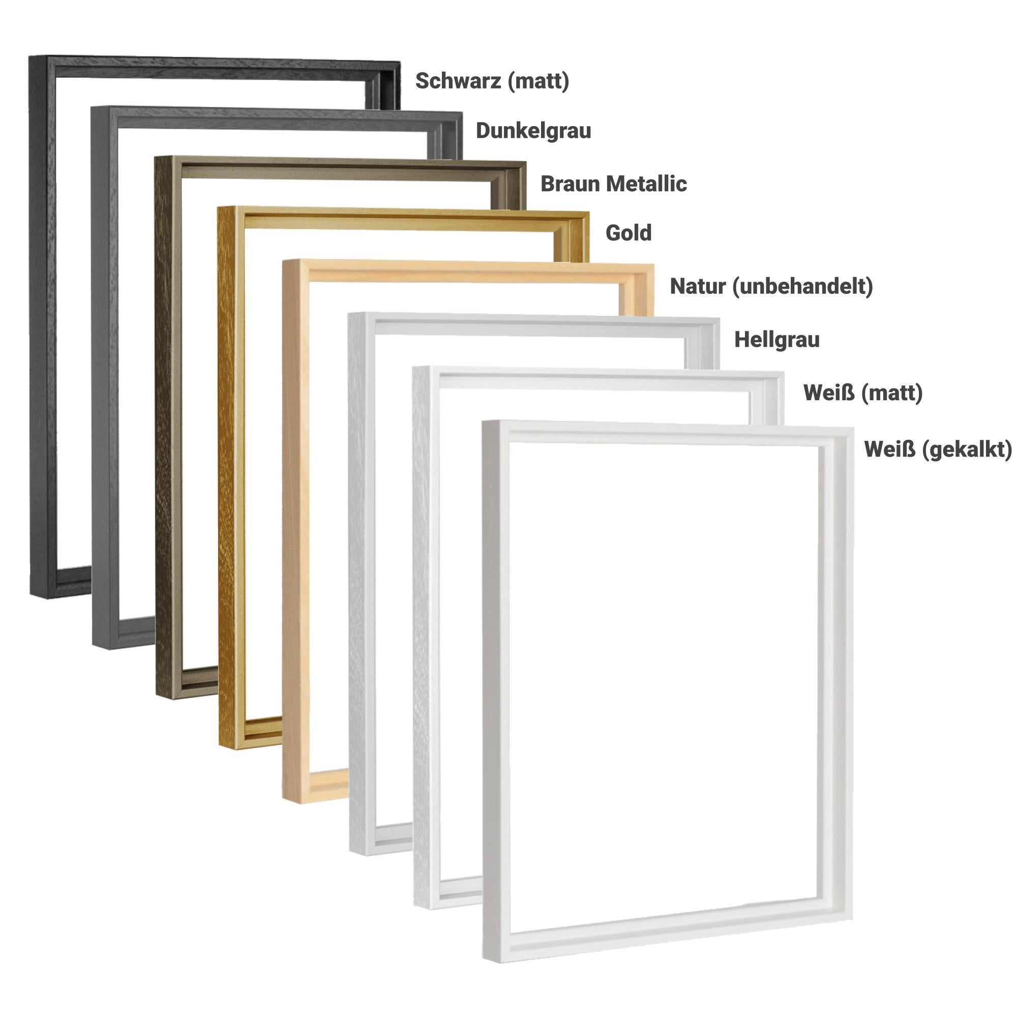Die zur Verfügung stehende Farbauswahl des Schattenfugenrahmens Hamburg in Natur, Schwarz, Weiß matt, Weiß gekalkt, Hellgrau, Dunkelgrau, Braun MEtallic und Gold