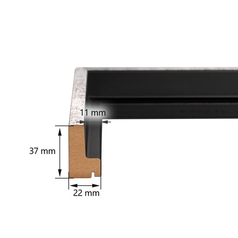 Technische Zeichnung eines Schattenfugenrahmen-Profils mit detaillierten Millimeter-Angaben zur Einbautiefe von Keilrahmen