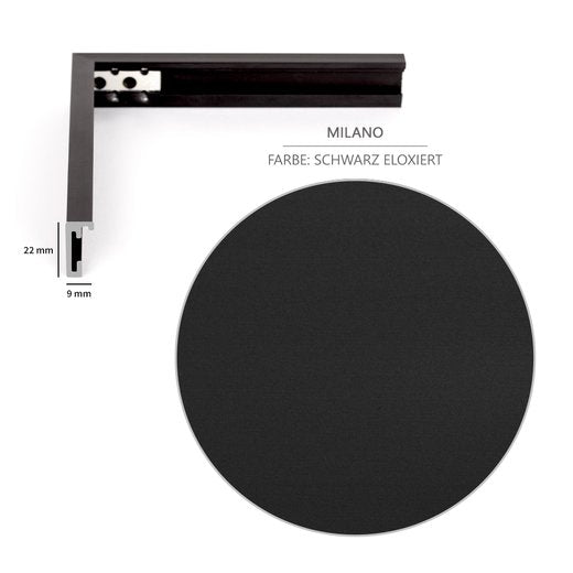 Querschnitt des Milano-Bilderrahmens in Schwarz eloxiertem Aluminium, Breite 9 mm, Höhe 22 mm.
