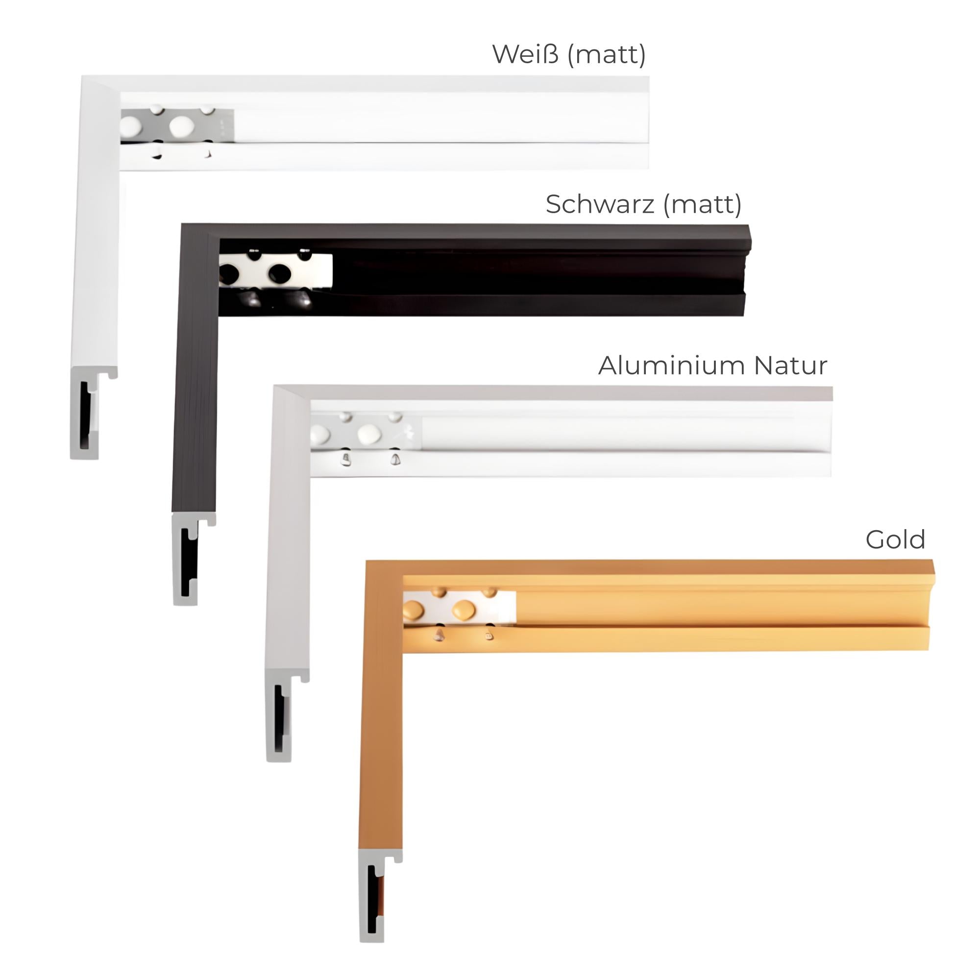 Der Aluminium Rahmen ist in vier verschiedenen Farben verfügbar, Weiß matt, Schwarz matt, Aluminium Natur und Gold