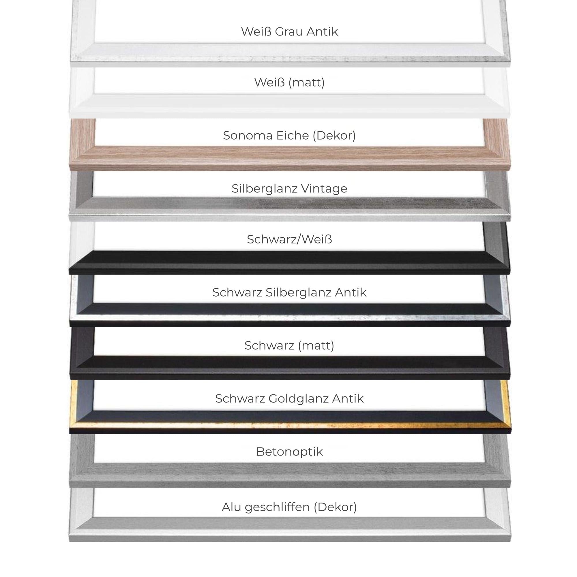 Der Rahmen ist in zehn verschiedenen Farbtönen erhältlich, Weiß Grau Antik, Weiß matt, Sonoma Eiche, Silberglanz Vintage, Schwarz Weiß, Schwarz Silberglanz Antik, Schwarz matt, Schwarz Goldglanz Antik, Betonoptik, Alu geschliffen