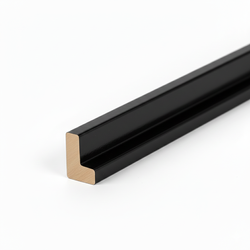 Schattenfugenrahmen-Profil aus MDF mit hochwertiger Schwarz Hochglanz Dekorfolie.