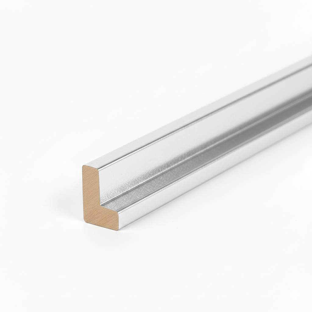 Schattenfugenrahmen-Profil aus MDF mit hochwertiger silberner Dekorfolie.