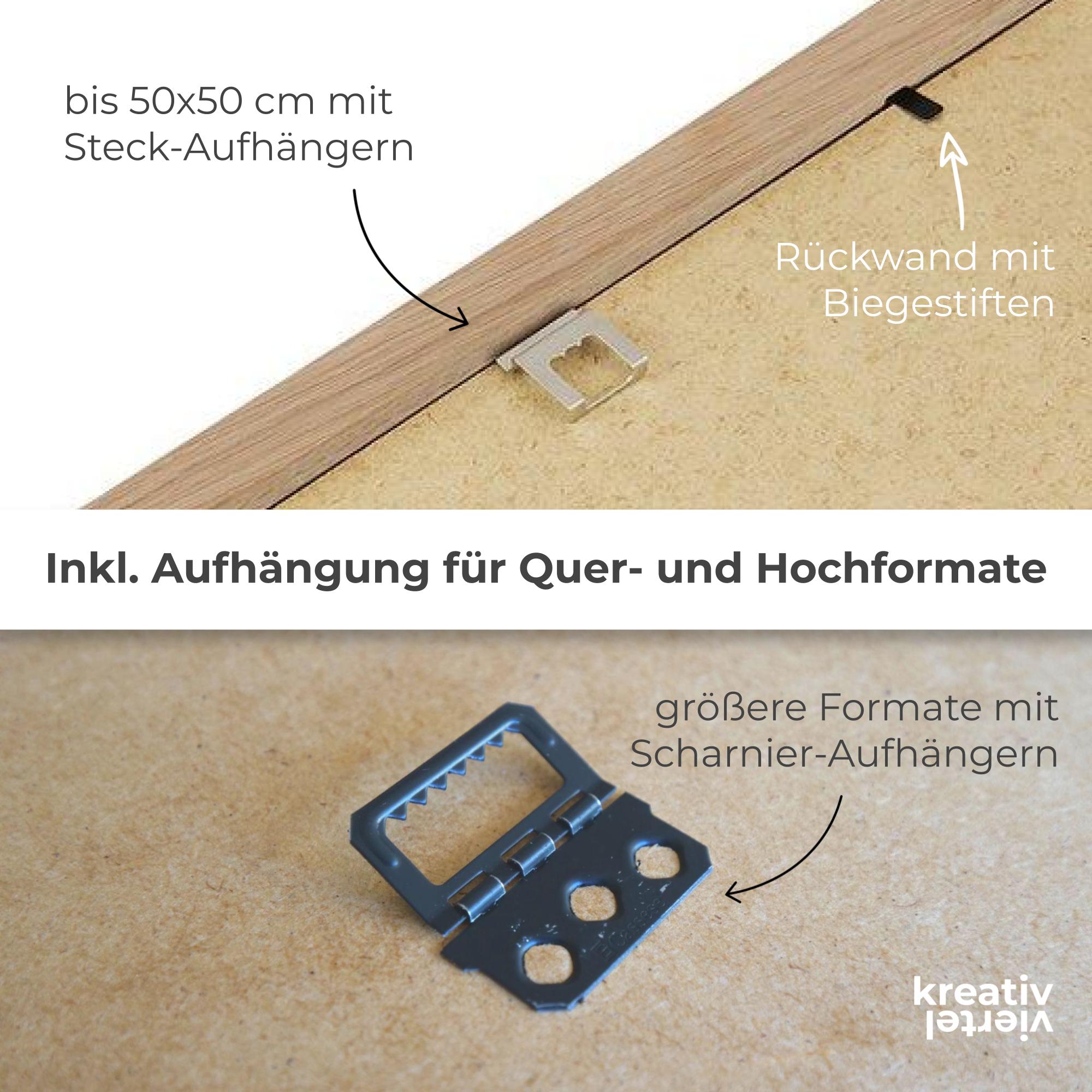 Rückansicht des Vollholz Bilderrahmens mit den zwei unterschiedlichen Aufhängungen zum Quer- und Hochkant Aufhängen