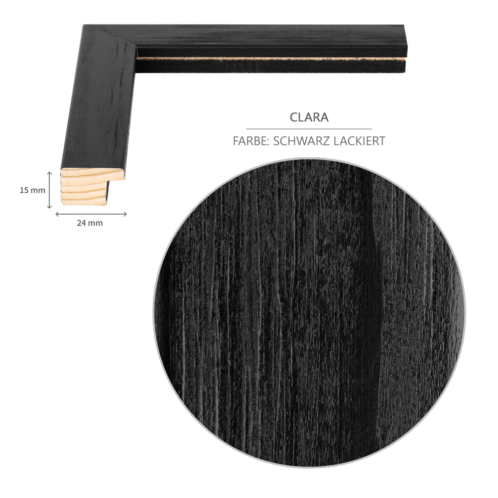 Detailaufnahme der natürlichen Holzmaserung des Bilderrahmens aus massivem Fichtenholz, hochwertig verarbeitet. mit 24 mm breitem und 15 mm hohem Rahmenprofil