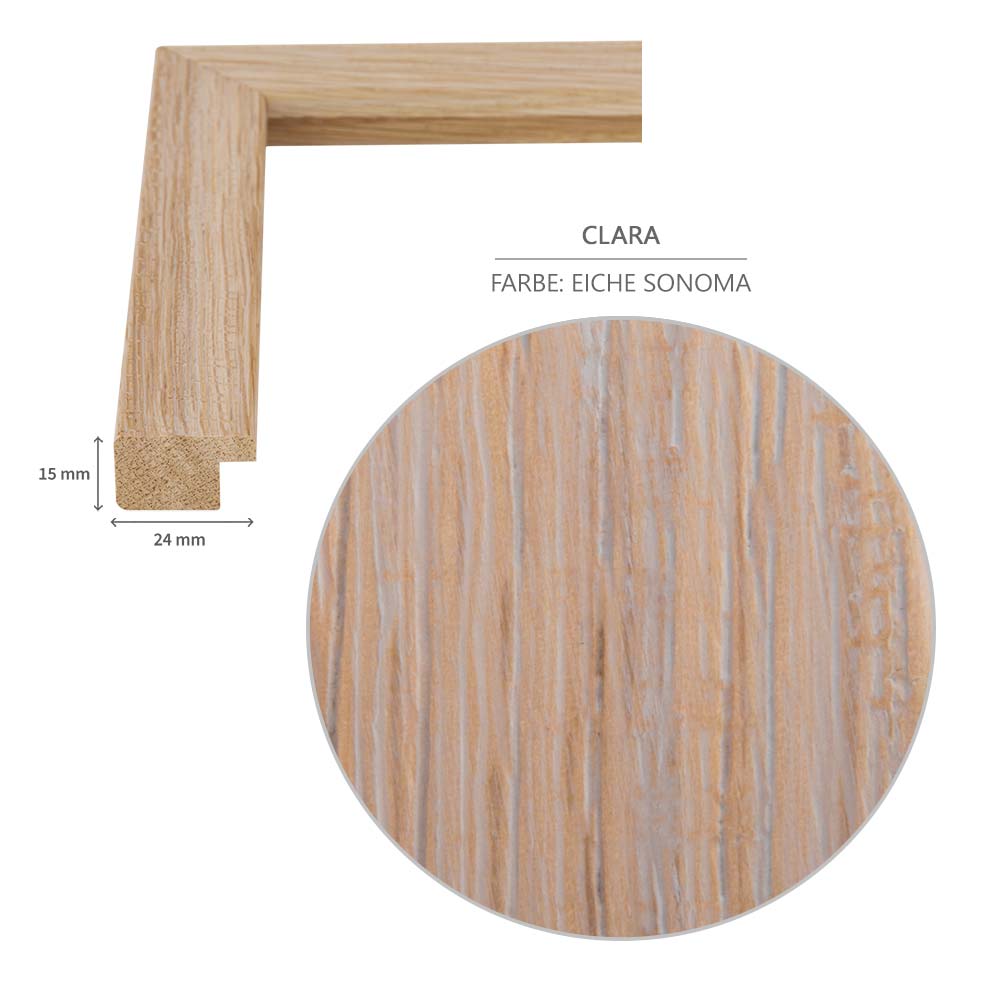 Detailaufnahme der natürlichen Holzmaserung des Bilderrahmens aus massivem Eichenholz, hochwertig verarbeitet. mit 24 mm breitem und 15 mm hohem Rahmenprofil