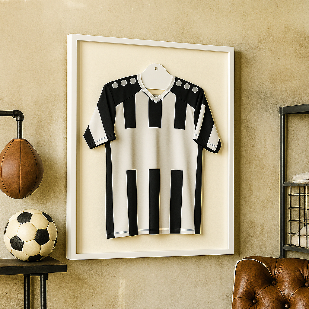 Weißer Bilderrahmen mit eingerahmtem schwarz-weißem Trikot in sportlicher Wohnraumdekoration