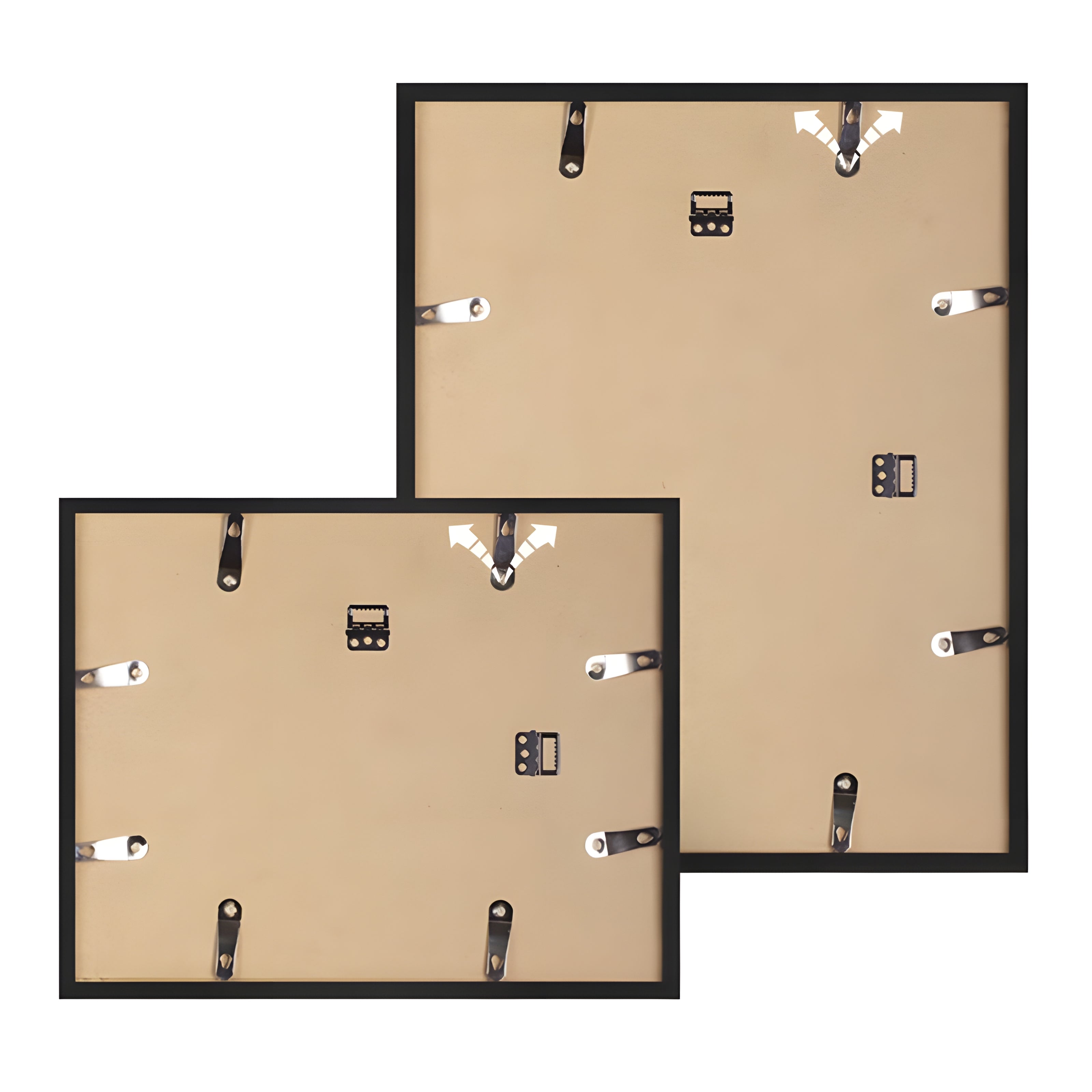 Rückseite des Vario Bilderrahmens mit stabilen Metallklammern und Aufhängungen für Hoch- und Querformat