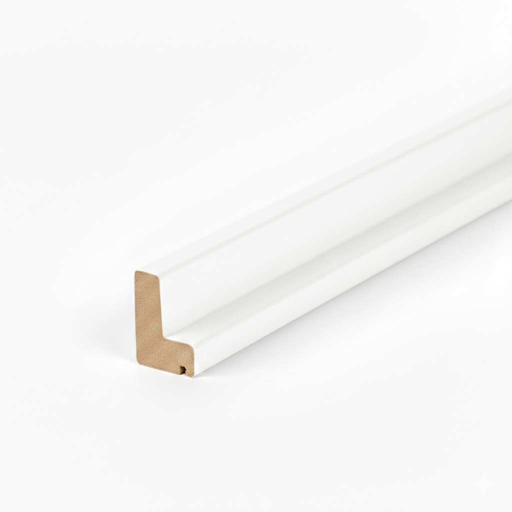 Schattenfugenrahmen-Profil aus MDF mit hochwertiger Weiß Hochglanz Dekorfolie.